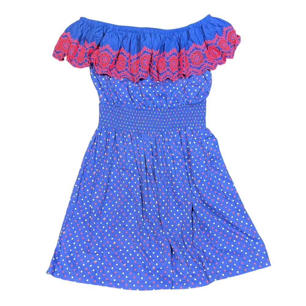 Lilly Pulitzer Dress Womens Large Blue Off Shoulder Embroidered Smocked Sundress